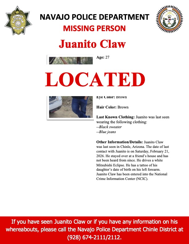 Navajopd's tweet photo. UPDATE: 6/2/26: Juanito Claw has been located and he is safe. The flyer has been updated. https://t.co/AC8qekPafn