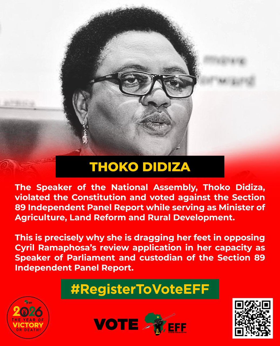 EFFSouthAfrica's tweet photo. The Speaker of the National Assembly, Thoko Didiza, violated the Constitution and voted against the Section 89 Independent Panel Report while serving as Minister of Agriculture, Land Reform and Rural Development.

This is precisely why she is dragging her feet in opposing Cyril Ramaphosa’s review application in her capacity as Speaker of Parliament and custodian of the Section 89 Independent Panel Report.