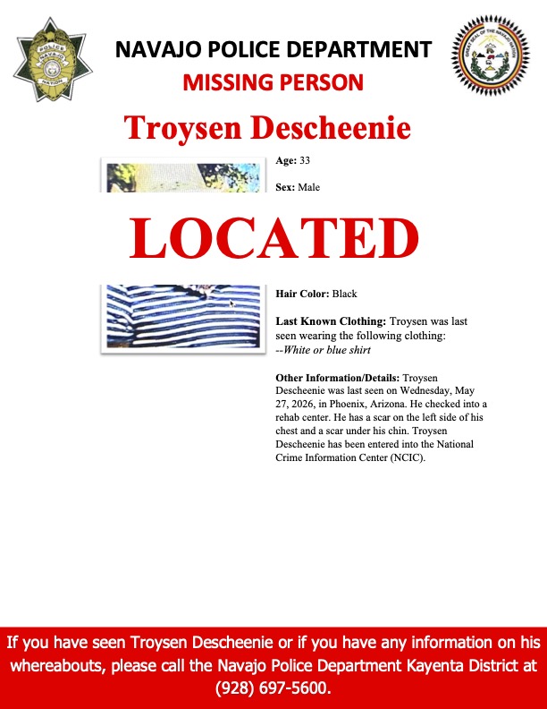 Navajopd's tweet photo. UPDATE: 6/2/26: Troysen Descheenie has been located and he is safe. The flyer has been updated. https://t.co/2DbKUFkVCN