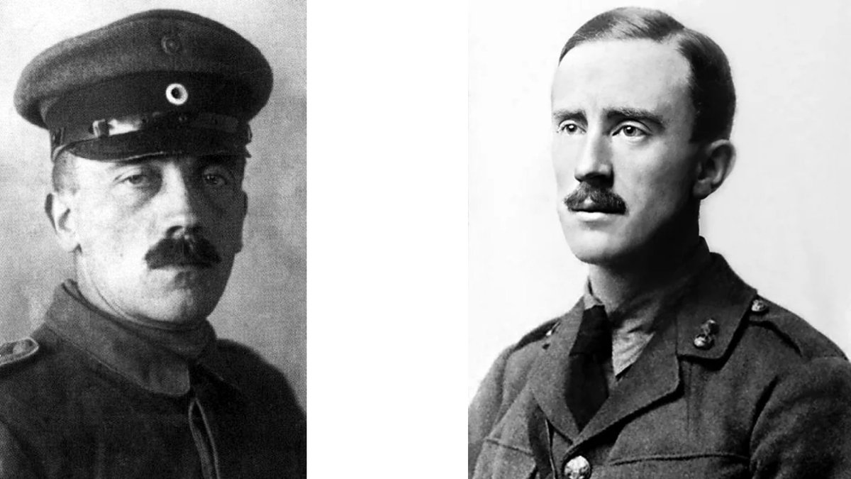 Tiger_Detective's tweet photo. J.R.R. Tolkien served as a signals officer in the 11th Battalion of the Lancashire Fusiliers. He experienced the northern sector of the Somme until he contracted trench fever in October 1916 and was sent back to England.

Adolf Hitler served as a dispatch runner (Gefreiter) for the Bavarian Reserve Infantry Regiment 16, operating within a few miles of Tolkien's sector in the same overarching battle.