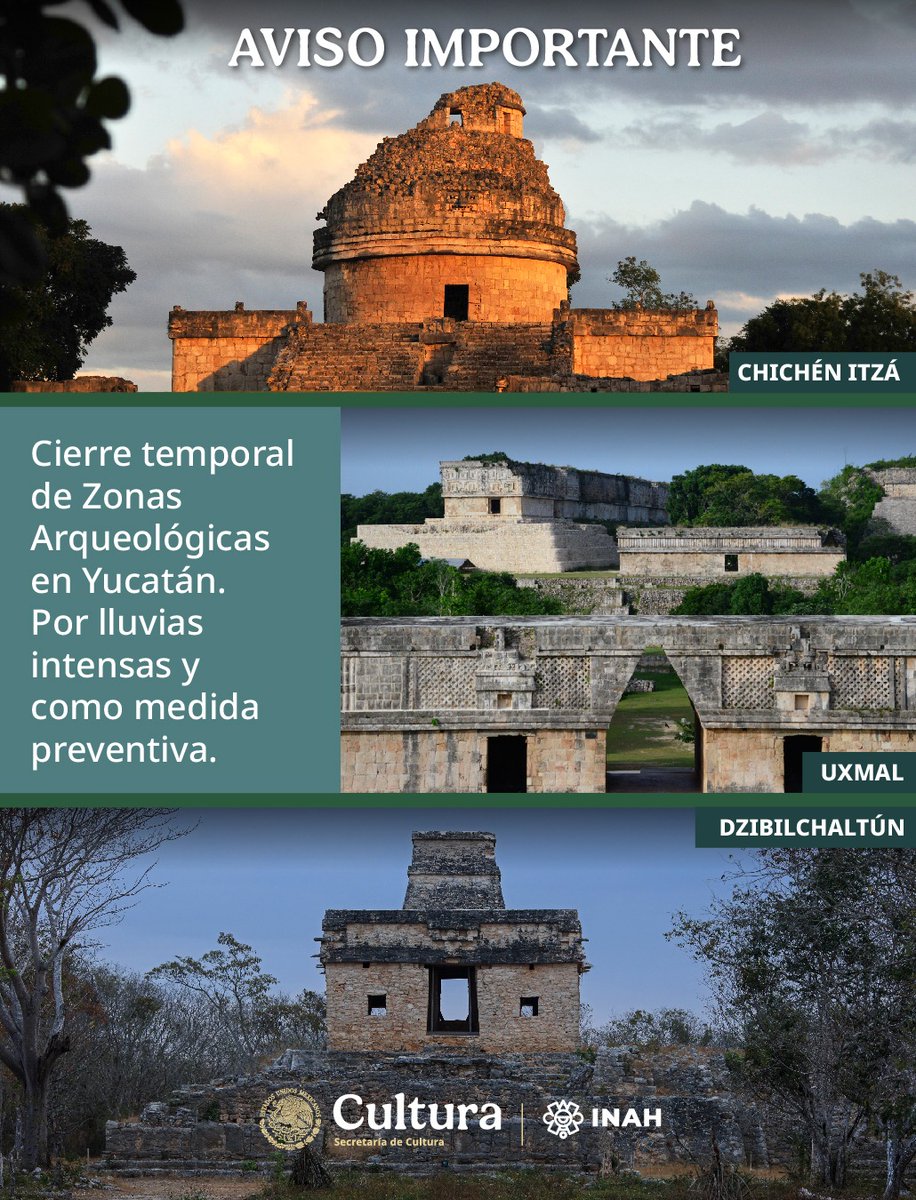 INAHmx's tweet photo. AVISO 🚨 Por condiciones meteorológicas adversas, las zonas arqueológicas de Yucatán permanecerán cerradas temporalmente. Mantente informado a través de los canales oficiales del Gobierno de Yucatán y del Gobierno de México. https://t.co/fhQFcEAKIu