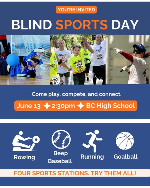 massblind's tweet photo. Join Adaptive Sports New England for Blind Sports Day. It’ll be a free, fun, and inclusive day of adaptive sports for blind &amp; visually impaired athletes of all ages &amp; experience levels! June 13 at BC High School in Dorchester. Register: https://t.co/HWyd0POqbL  
@AdaptiveSportNE https://t.co/ysmp636SsL