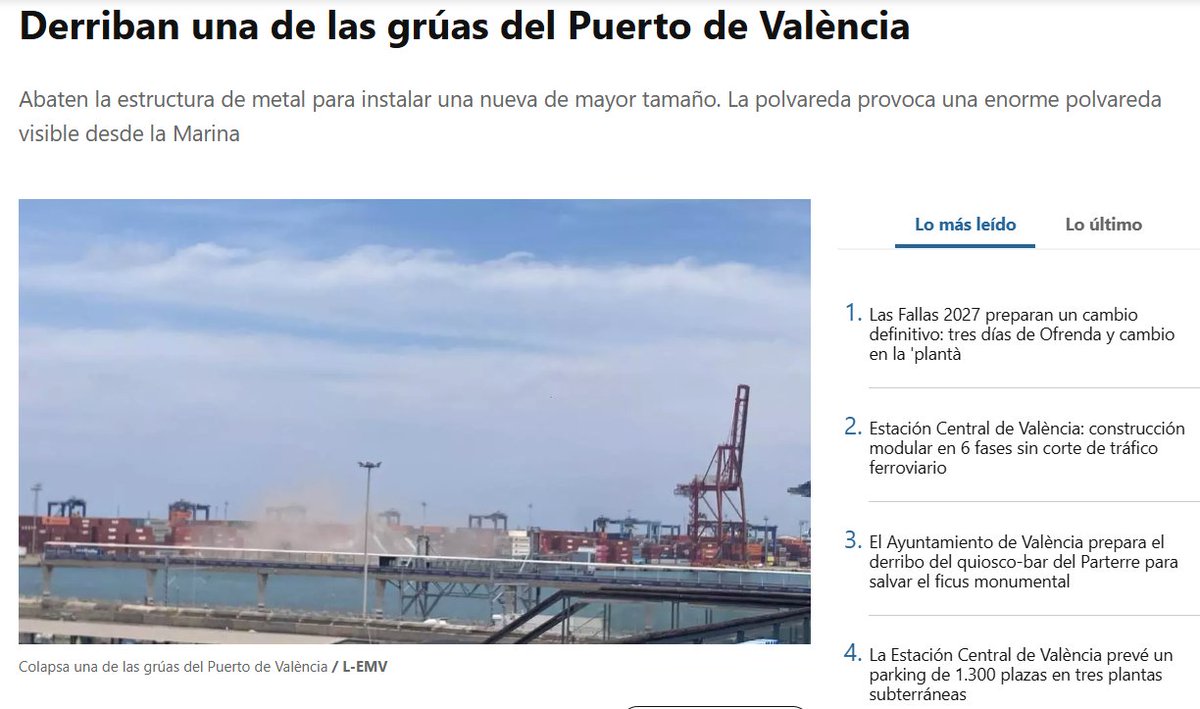 CarBiBa's tweet photo. Pues ya tendríamos el clickbait del día

De:  ¡¡¡ COLAPSA UNA GRÚA !!!

A: DERRIBAN UNA GRÚA PARA INSTALAR OTRA

Eso sí, me quedo con la frase "La polvareda provoca una enorme polvareda visible desde la Marina"

¿Qué provocó la polvareda...? La propia polvareda