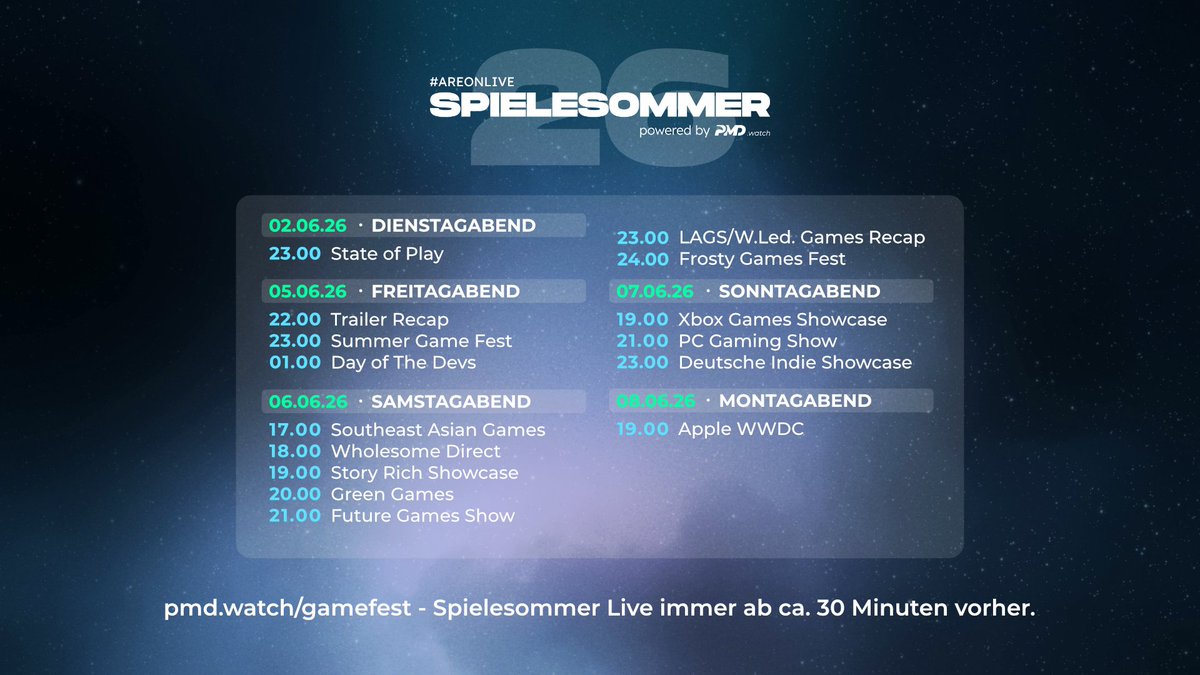 areonpictures's tweet photo. 📅 HEUTE ABEND startet unser #Spielesommer2026 gemeinsam auf https://t.co/GyILLJrYmB !

Ab 22:30 Uhr starten wir in die Summer Game Fest Woche, mit vielen Streams am kommenden Wochenende und darüber hinaus! Kommt vorbei und feiert mit! https://t.co/EhTPyX9Cvs