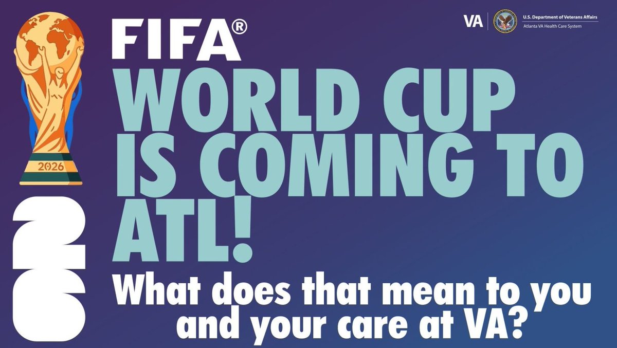 AtlantaVAMC's tweet photo. As Atlanta prepares to host upcoming World Cup FIFA events from June 15 through July 15, increased traffic congestion, road closures, and public transportation delays are anticipated throughout the surrounding areas of the city.

To help ensure you arrive safely and on time for your appointment at the Atlanta VA Health Care System, we encourage you to:
•Allow additional travel time before your scheduled appointment
•Monitor local traffic and road conditions prior to departure
•Consider alternate routes when traveling to our facilities
•Plan for possible parking and transportation delays

Our goal is to continue providing you with timely, quality care while helping minimize disruptions during this high traffic period.

We appreciate your patience, understanding, and cooperation as our city prepares for these events.

If you have questions regarding your appointment, please contact your clinic directly. https://t.co/TGf18ZIwa5

Thank you for allowing us to serve you.