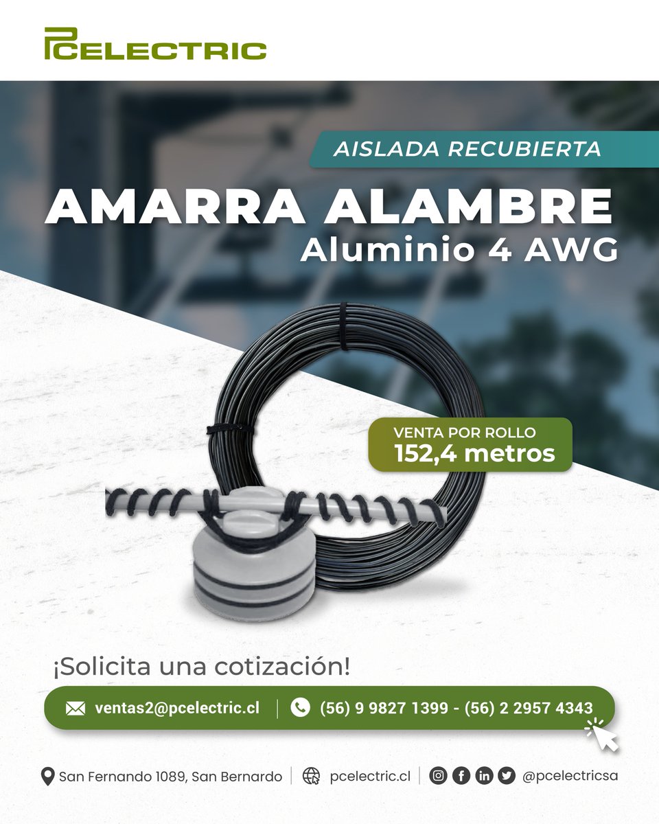 pcelectricsa's tweet photo. Alambre amarra aluminio 4 AWG, aislada recubierta. Diseñada para asegurar y fijar conductor en aisladores⚡.
✅ Disponible en rollo de 152,4 metros

¡Cotice con nosotros!
✉ ventas2@pcelectric.cl
📞(56) 9 9827 1399 - (56) 2 2957 4343
🌐 https://t.co/GUuUJwyzB8

#PCElectric https://t.co/HHJlWaAChb