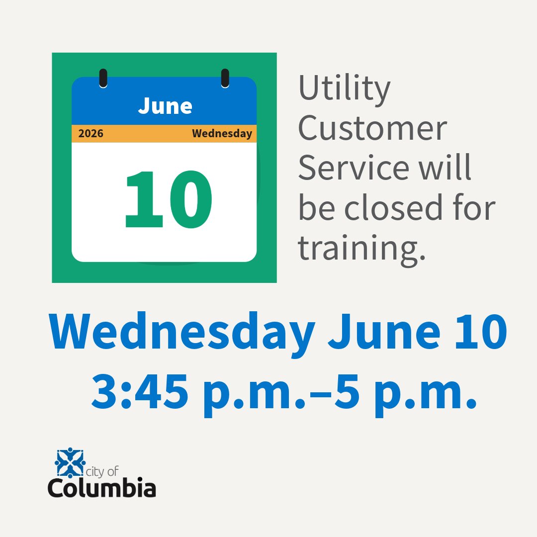 CoMoWaterLight's tweet photo. PLEASE NOTE:
The Utility Customer Service office and the Treasury at City Hall will be closed 3:45 p.m. to 5 p.m. on Wednesday, June 10.
Customers can contact Utility Customer Service at 573.874.7380 or UCS@CoMo.gov.
https://t.co/W7x1WkwpKq https://t.co/CvsKh3dctI