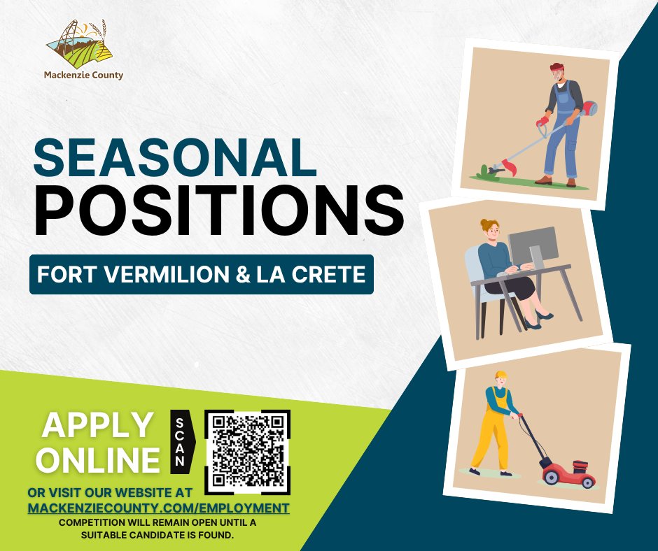 MackenzieCounty's tweet photo. Join Mackenzie County's team! 🌟We are hiring a General Maintenance Labourer – Utilities. A great opportunity to build hands‑on experience while supporting essential community services. Apply Online or visit our website for more information. https://t.co/7NtlMLL5zk https://t.co/phQwjrX8xU
