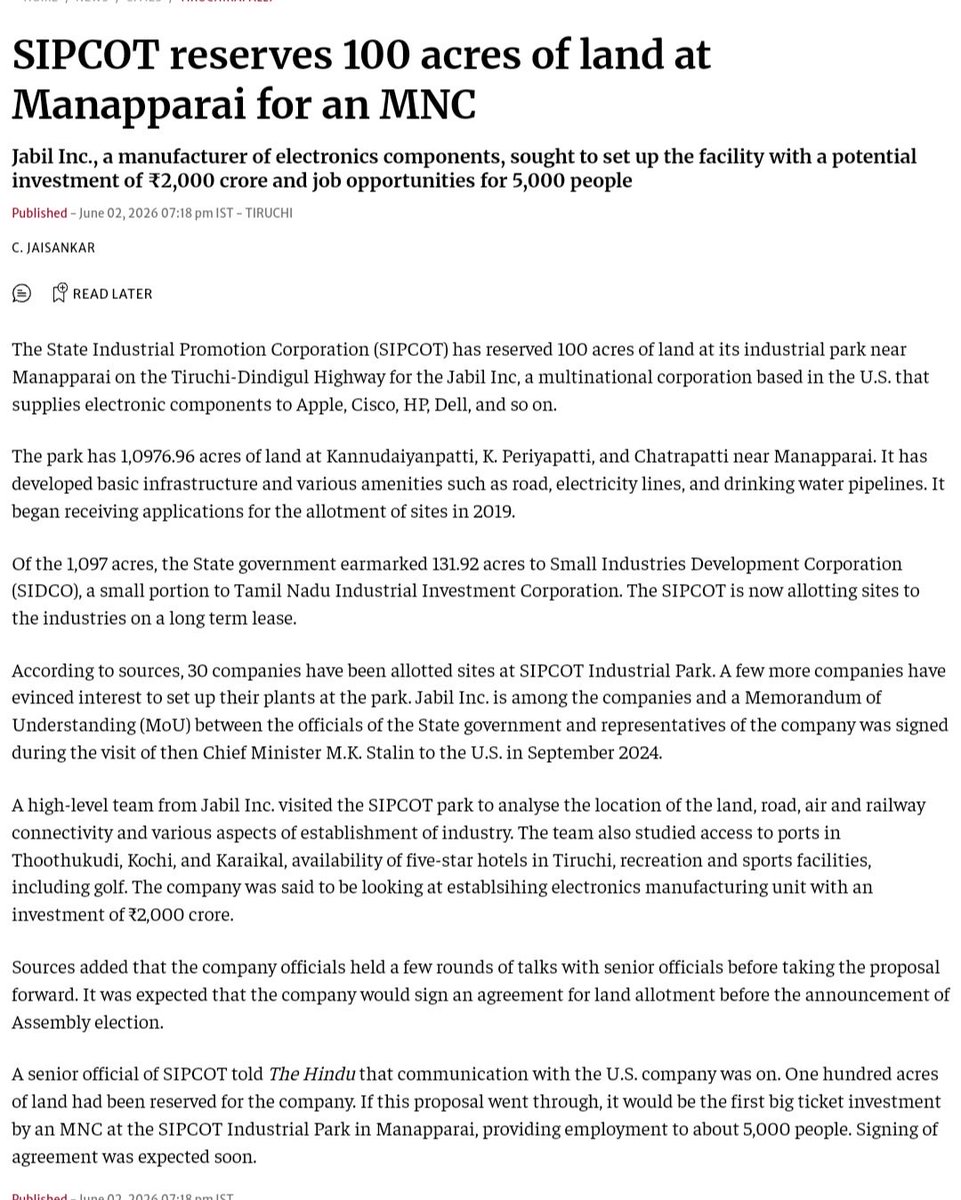 Updatestrichy2's tweet photo. 🚨SIPCOT Reserves 100 Acres of Land at Manapparai SIPCOT for 🇺🇸 Electronics Major Jabil to setup its 2000 Crs Plant
Senior official SIPCOT told the communication with U.S Company was on and Land reserved - The Hindu
The Firm expected to sign the agreement Land allotment 🔜 https://t.co/g2dS8Z7mny