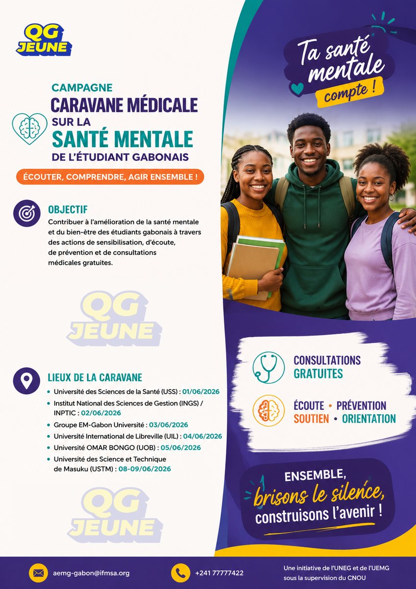 GabonQg's tweet photo. Du 1-9 juin 2026, la Caravane Médicale sur la Santé Mentale de l'Étudiant Gabonais sillonnera plusieurs établissements du pays pour offrir des consultations gratuites, des conseils et un espace d'écoute aux étudiants.   #QGJeune #SantéMentale  #Gabon #BienÊtre #BrisonsLeSilence https://t.co/5PZaahrsny