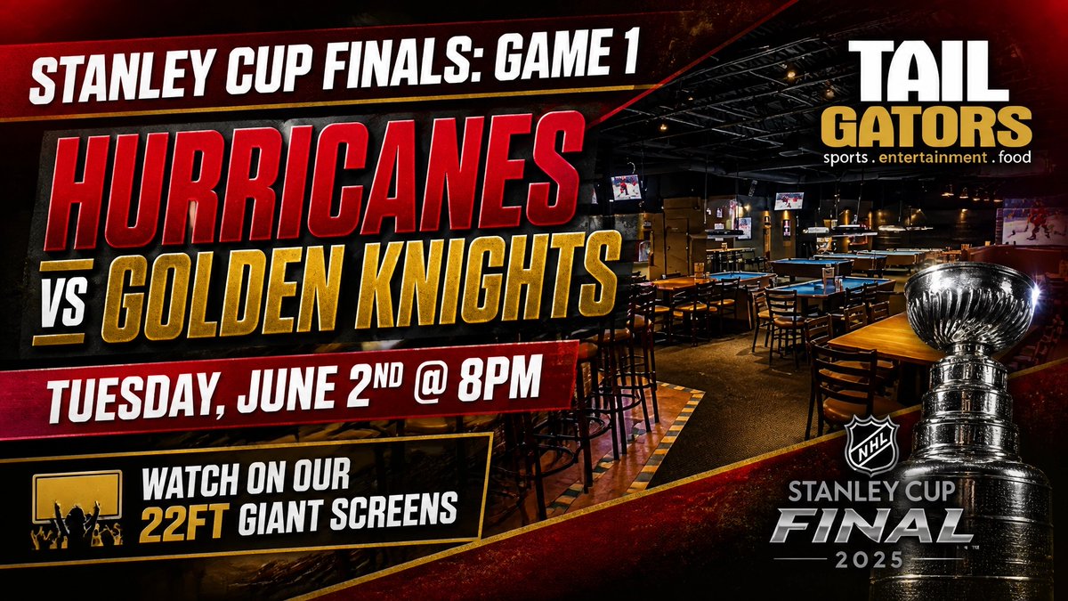 tail_gators's tweet photo. THE STANLEY CUP FINALS ARE HERE! 🏒🏆

HURRICANES vs GOLDEN KNIGHTS | GAME 1
TUESDAY, JUNE 2 @ 8PM

Watch on our 22FT GIANT SCREENS! 📺 Massive vibes &amp; cold drinks. Come early for the best seats in our watch zone! 🍻

#StanleyCup #NHL #TailGators #Ottawa https://t.co/7RX717Q0al