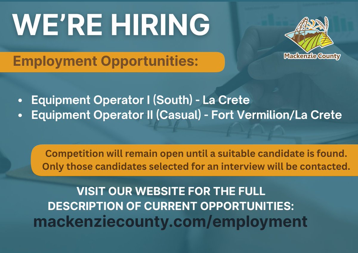 MackenzieCounty's tweet photo. Job Hunting?🌟 We're hiring driven individuals to be a part of our dynamic community. Fulltime &amp; casuals position available. Check out our current opportunity or find out more on our website at https://t.co/AsPiF3MvfQ https://t.co/vjn8uHPcNb