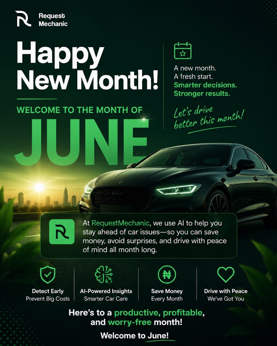 requestmechanic's tweet photo. 🚗 Happy New Month from all of us at RequestMechanic🥳
We wish you a month filled with peace, progress, and smooth journeys ahead both on and off the road. May this new month bring fewer worries, better opportunities, and more wins in everything you do! https://t.co/VAAD00kziw