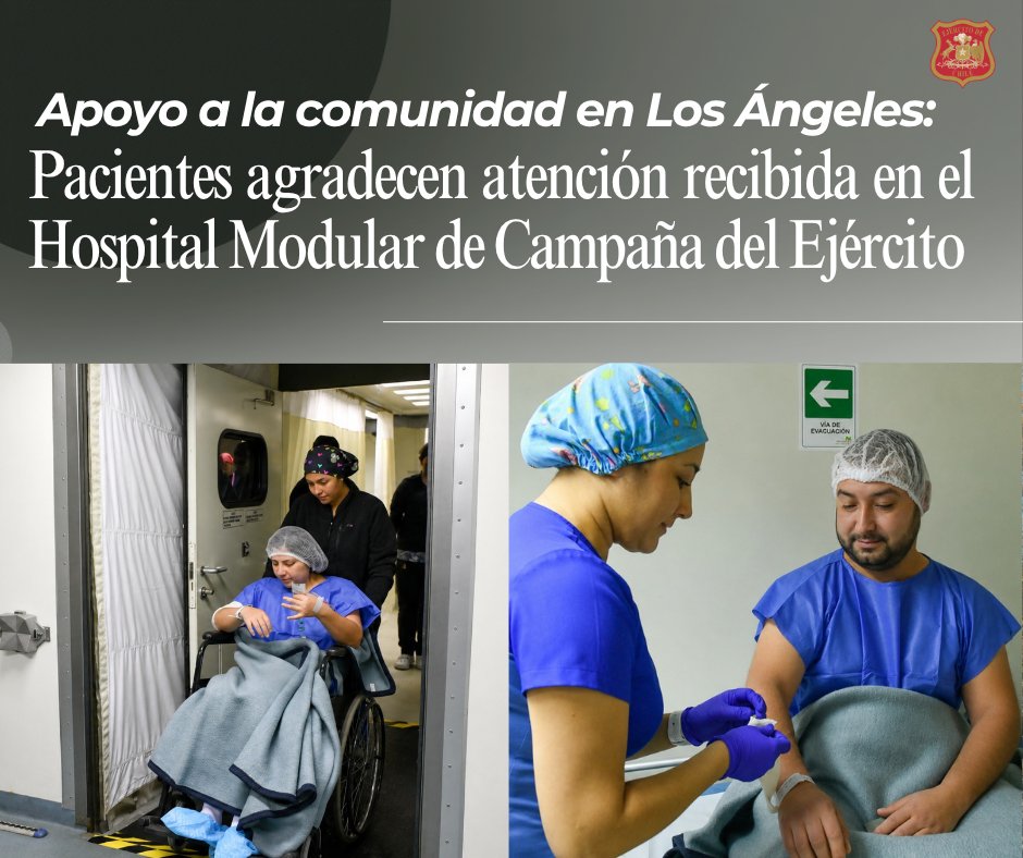 Ejercito_Chile's tweet photo. 👏 "Llevábamos más de cinco años esperando y hoy ya está en recuperación". Historias como la de Sebastián Fuentes, que viajó desde #Ralco para acompañar a su madre, reflejan la ayuda del Hospital Modular de Campaña del Ejército en #LosÁngeles.

Para muchas familias de la #RegiónDelBiobío, la incertidumbre quedó atrás gracias a este despliegue en el Destacamento de Montaña N.º 17. Con 117 intervenciones médicas ya realizadas en distintas especialidades, el #EjércitoDeChile reafirma su compromiso con el bienestar de nuestros compatriotas.

Revisa los detalles en la nota ➡️https://t.co/H4TdiNRjTp