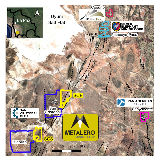 MetaleroMining's tweet photo. Located along Bolivia’s highly prospective Uyuni Fault System (UFS). Our SCE &amp; SCS projects lie just 5km and 6km from the San Cristobal Mine and Isidorito project, along the same mineralized corridor. With no known historical exploration, first modern programs are set to begin. https://t.co/fLQEuCg3xf