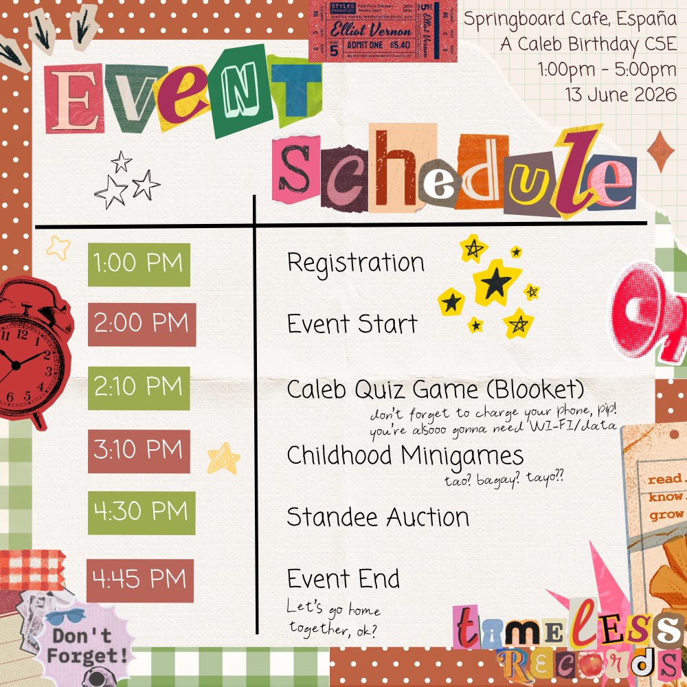 BobaCatCrew's tweet photo. EVENT HIGHLIGHTS &amp; SCHEDULE (˶>⩊<˶)

The Calebration's date is nearing! Here's the rundown of the event, as well as the event highlights to look forward to ( ˶ˆ꒳ˆ˵ ) 

Make sure to stop by and give our boothing artists much love (๑ > ᴗ < ๑)

#TimelessRecordsCSE #CalebCSEPH https://t.co/m0vXWT4AFl