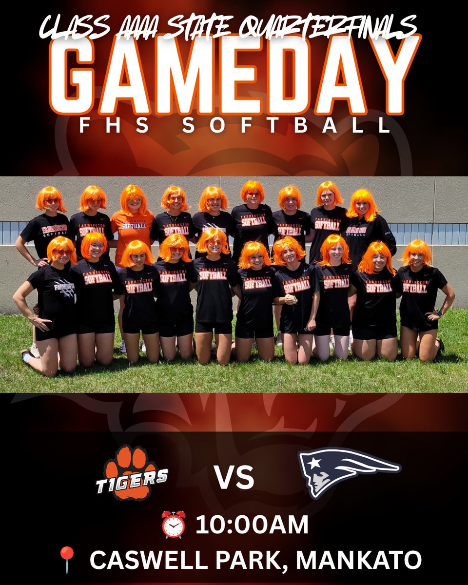 FHSTigerSB's tweet photo. STATE TOURNAMENT STARTS TODAY! 🥎

Tigers are in Mankato for he State Quarterfinals against Champlin Park!

Wishing these Tigers lots of energy, fun and amazing  weather! 

Let’s gooooo! 🐅

📺 https://t.co/6LIolDmitE https://t.co/jDu8C6kEg5