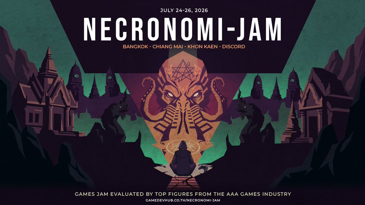 Kumpalit's tweet photo. ✨The stars are right. The portal cracks open.
NECRONOMI-JAM

📅24–26 July 2026 
Bangkok · Chiang Mai · Khon Kaen · Online

🐙A game jam brewed from the forbidden pages of Lovecraft’s mythos. The theme is fixed. The genre remains locked in the dark — for now.

🎟️TICKET SALES ARE NOW OPEN
Choose your point of entry:

⇢ Onsite in Thailand — Bangkok, Chiang Mai, Khon Kaen
⇢ Online — join the madness from anywhere on Earth
Pay via credit card or direct Thai bank account.
The ticket link lurks in the comments below. 
Seats are limited — the void doesn’t wait.

🔥AND THE FIRST TRUTH SURFACES SOON
Our judges descend from the highest echelons of the AAA gaming industry.
Tomorrow, the first icon steps into the light.

⌛Hit follow. Mute nothing.
Gather your team before the genre is drawn at the opening ceremony.

Secure your ticket now. The unknown is calling.
#NecronomiJam #GameJam #IndieDev #Lovecraftian #ThaiGameDev #NecronomiJam2026