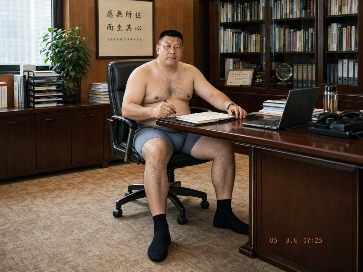 yangguojiang1's tweet photo. 周末加班推开门，空调坏了。
中年老板只剩一条内裤，坐在办公桌后大敞双腿。
高大宽厚的身体，浓密胸毛腹毛腿毛，那根沉甸甸的巨物把内裤撑得又粗又鼓。
我瞬间腿软。小时候幻想的“爸爸”肉体，现在就摆在眼前。
好想把脸狠狠埋进那湿热浓毛的胸口，深深吸他的男人汗味…🥵
#直男老总 #中年爸爸 #禁忌 https://t.co/DRoQTzpQKF