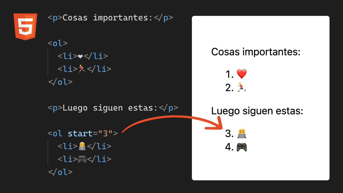 midudev's tweet photo. ¿Sabías esto de HTML? Usando el atributo `start` en los elementos `ol`, puedes empezar la numeración desde donde quieras: https://t.co/NzQz3zdf9i