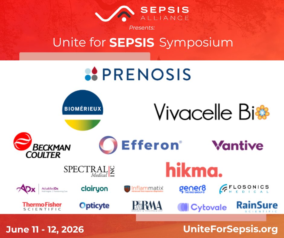 SepsisAlliance's tweet photo. The Unite for Sepsis Symposium is just over a week away - have you made plans to join us for this collaborative, in-person event? There are still tickets available! Visit https://t.co/38UicZjoTD to learn more. 

Thank you to the incredible sponsors who are supporting this inspiring event:

Prenosis
@biomerieux 
@Vivacelle 
Efferon
@BeckmanDx 
@VantiveHealth 
@SpectralMedical 
@hikmapharma 
@AdvaMedDx 
Clairyon
@Inflammatix_Inc 
Gener8
@Flosonics 
@thermofisher 
@Opticyte_Inc 
@PhRMA 
@Cytovale 
@RainsureS