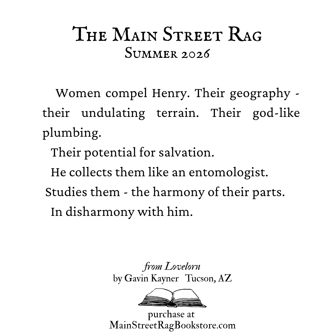 MainStreetRag's tweet photo. The Main Street Rag | Summer 2026 | 
excerpt from "Lovelorn" by Gavin Kayner
Full story in the issue: https://t.co/mEqfuEq46d https://t.co/8h3b46aYAu