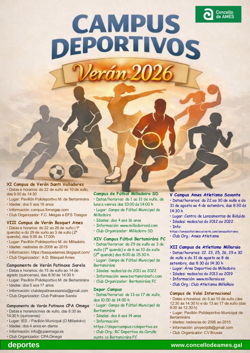 concellodeames's tweet photo. Os clubs e entidades deportivas de Ames ofertan dez campus e campamentos para este verán 2026 ⚽️🏐

Consulta toda a ℹ️🔗 https://t.co/0DzMbpqxJ5

#CampamentoDeportivo #Deporte #Ames #ConcelloDeAmes https://t.co/mM5Igs6Fyy