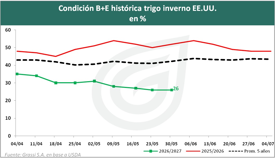grassi_sa's tweet photo. CONDICIONES DE CULTIVOS (Excelente + Bueno)
🌾TRIGO:
De invierno: 26%, estable en relación a la semana pasada.  26 p.p. por debajo del año pasado y 30 en relación al promedio de los últimos 5 años.

De primavera: 47%, en línea con el año pasado y apenas por debajo del promedio. https://t.co/AM25z3NCaI