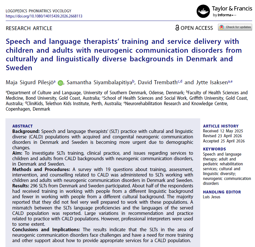 LPVjournal's tweet photo. Just published in open access: Pilesjo et al. (In Press). Speech and language therapists’ training and service delivery with children and adults with neurogenic communication disorders... Logopedics Phoniatrics Vocology. https://t.co/cOsna0AgAn @tandfonline  @tandfnewsroom https://t.co/GcdgGSmnyB