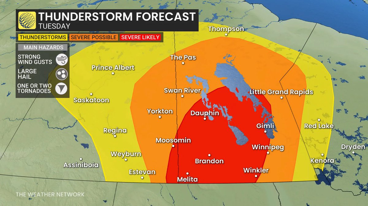BraydonMoreSo's tweet photo. Severe thunderstorms are possible today across southern Manitoba, bringing large hail, damaging winds, and perhaps a couple of tornadoes. #mbstorm https://t.co/CWWUSEvMI0