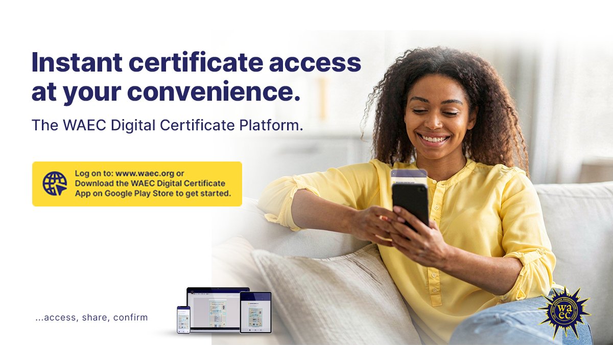 waecdigitalcert's tweet photo. Experience peak convenience with the WAEC Digital Certificate Platform. Log in to https://t.co/oF77Ob5JAw to get started now!

#waec #waecdigitalcertificate #waecexams #waecresults #waeccertificate https://t.co/xwXsM937AO