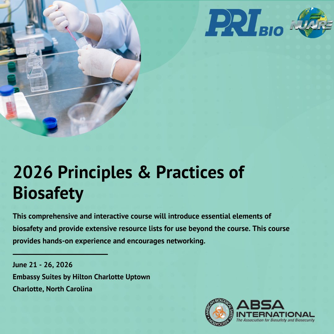 ABSAOffice's tweet photo. We are so excited for the Principles &amp; Practices of Biosafety in Charlotte, NC. This course will introduce the elements of biosafety, provide resource lists, and allow participants to identify, locate, and use key biosafety resources.   

Register here: https://t.co/z9qcMtXgzZ https://t.co/DFUot1fezc