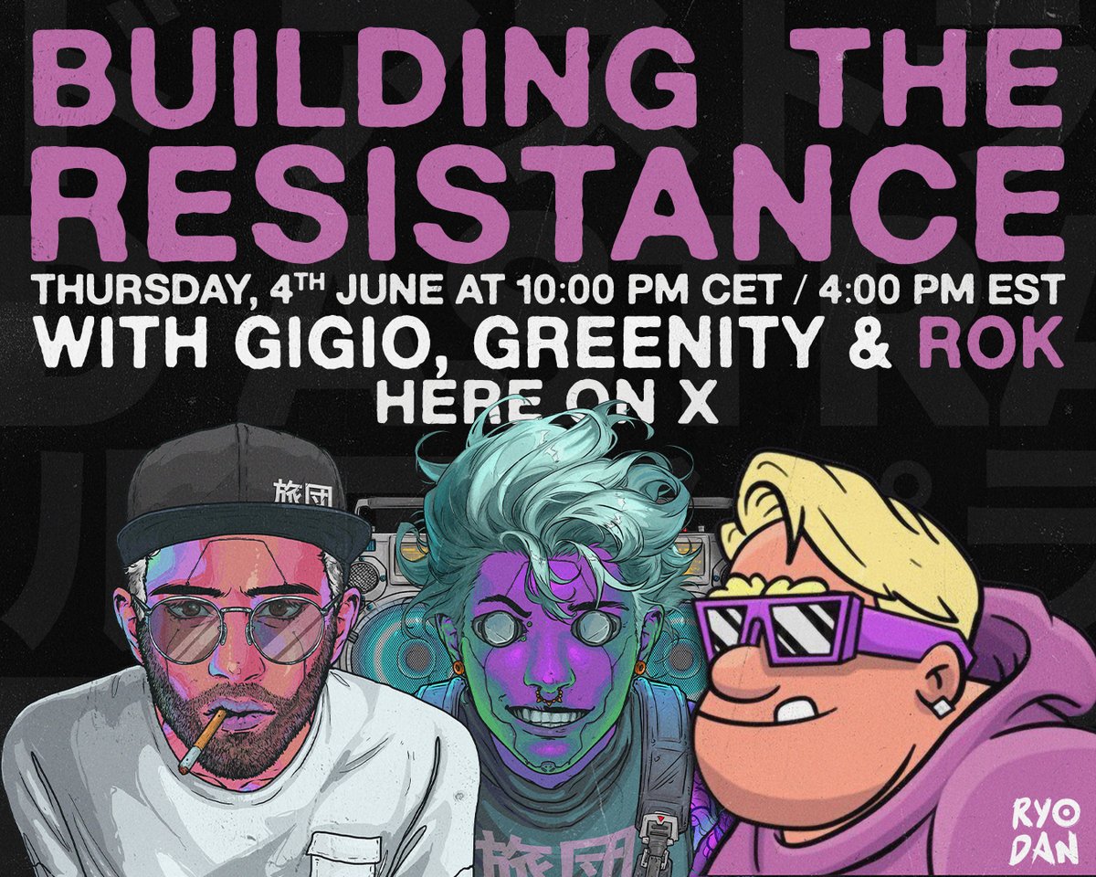 MaverZero's tweet photo. Building the Resistance returns this Thursday.
June 4th / 10:00 PM CET / 4:00 PM EST

With @MrGreenity  by my side, 
we’ll welcome @RokBoogas  into the Pioneers Unit!

We’ll forge his @Ryodan_mave honorary live while talking about blockchain, art, culture, community, pop culture and all the beautiful chaos that usually happens when the right people are in the same room.

Every Pioneer is invited to come through and give him a proper welcome,

NGL, still my favorite part of what we’re building ;)