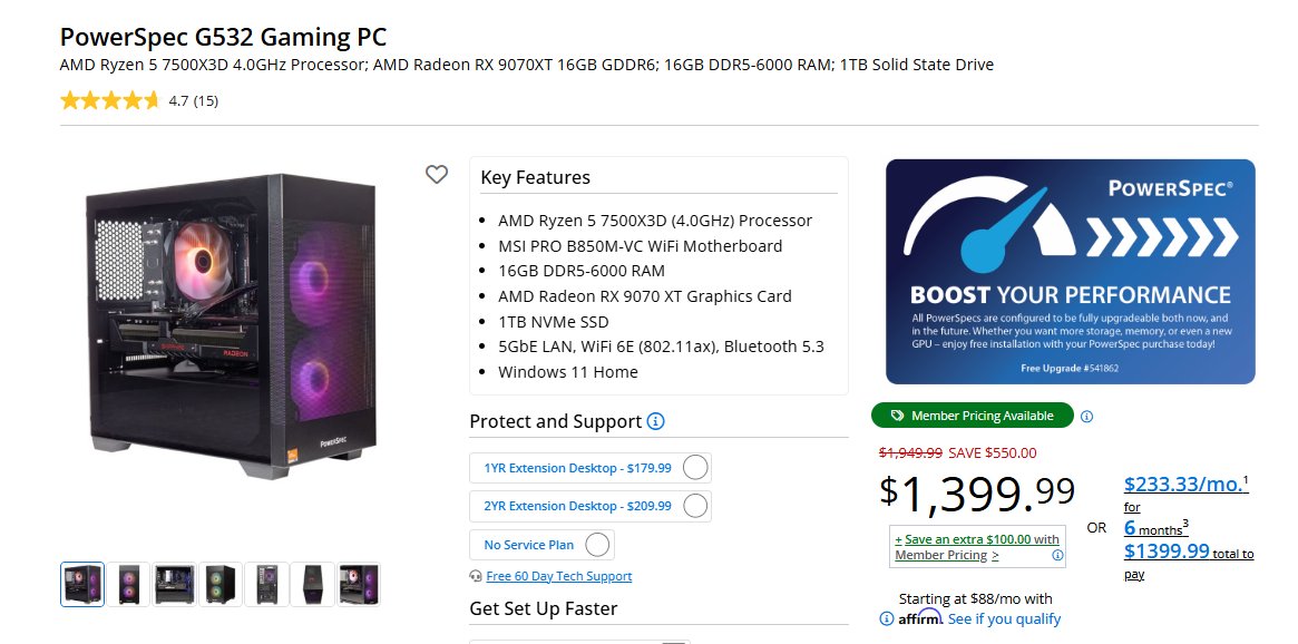 Wario64's tweet photo. PowerSpec G532 Gaming PC is $1,299.99 at Micro Center in-stores (member pricing - free account) https://t.co/3OfrtrRn0X

-7500X3D
-RX 9070XT 16GB
-16GB DDR5-6000 RAM
-1TB SSD https://t.co/GhHNhSmlwu