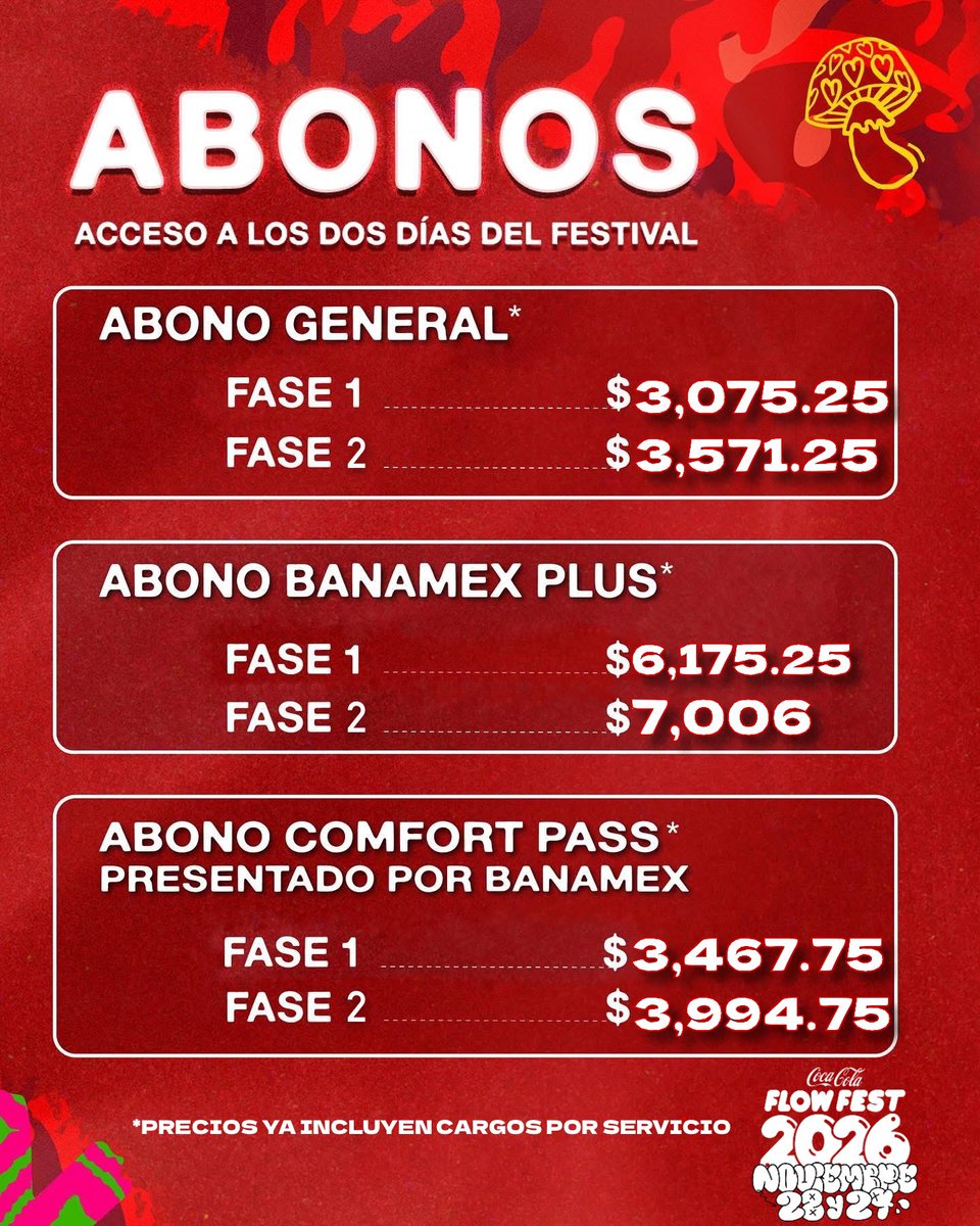 ailoviutl's tweet photo. 🚨 PRECIOS DE BOLETOS OFICIALES 🚨

🔥 Coca-Cola Flow Fest 🔥
🗓️ 28 y 29 de Noviembre del 2026 🗓️
🏟️ Autódromo Hermanos Rodríguez 🏟️
📍 CDMX 📍 🇲🇽 México 🇲🇽

🎟️ Precios de Abonos con Cargos 🎟️

General Fase 1: $3,075.25
General Fase 2: $3,571.25
General Fase 3: $4,030
General Fase 4: $4,426.75
General Fase 5: $4,680.75

Comfort Pass Fase 1: $3,467.75
Comfort Pass Fase 2: $3,994.75
Comfort Pass Fase 3: $4,469
Comfort Pass Fase 4: $5,048.75

Banamex Plus Fase 1: $6,175.25
Banamex Plus Fase 2: $7,006
Banamex Plus Fase 3: $7,998
Banamex Plus Fase 3: $9,275.25

CLUB (Fase Única) $18,000

POR EL MOMENTO SOLO SE VENDERÁN ABONOS, LOS INDIVIDUALES PROXIMAMENTE COMPARTIREMOS LAS FECHAS DE VENTA 

EL ABONO COMFORT PASS TIENE 15% OFF PAGANDO CON BANAMEX

💳 Fechas de Preventas 💳

Venta Beyond: 2 de Junio 9:00 AM
Preventa Priority: 3 de Junio 9:00 AM
Preventa Banamex: 4 de Junio 2:00 PM
Venta General: 5 de Junio 2:00 PM

💲 Boletera: Ticketmaster 💲

🎫 Meses sin Intereses 🎫

3 MSI con tarjetas de Crédito Banamex a partir de $3,000 MXN

#CocaCola #FlowFest #FlowFest26 #FlowFest2026 #CocaColaFlowFest #Concert #Concierto #Festival #Music #Música #CDMX #México #Úrbano #CocaColaFlowFest2026 #OCESA @ocesa_total @CocaCola_Flow #LaCalleTeLlama
