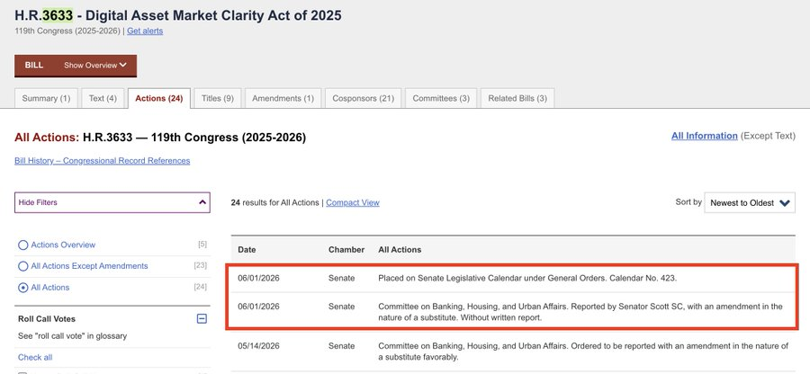 conorfkenny's tweet photo. BREAKING: 🇺🇸 The CLARITY Act has officially been placed on the U.S. Senate legislative calendar.

The bill has cleared the Senate Banking Committee and awaits debate and a vote!🚀