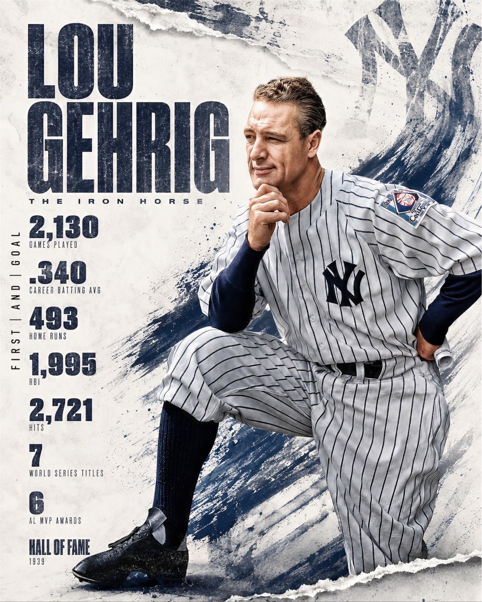 FirstAndGoall's tweet photo. Today on Lou Gehrig Day, we honor the Iron Horse. 2,130 consecutive games. Unbreakable spirit. Baseball legend. ALS warrior. #LouGehrigDay https://t.co/l1lsZ9kNaq