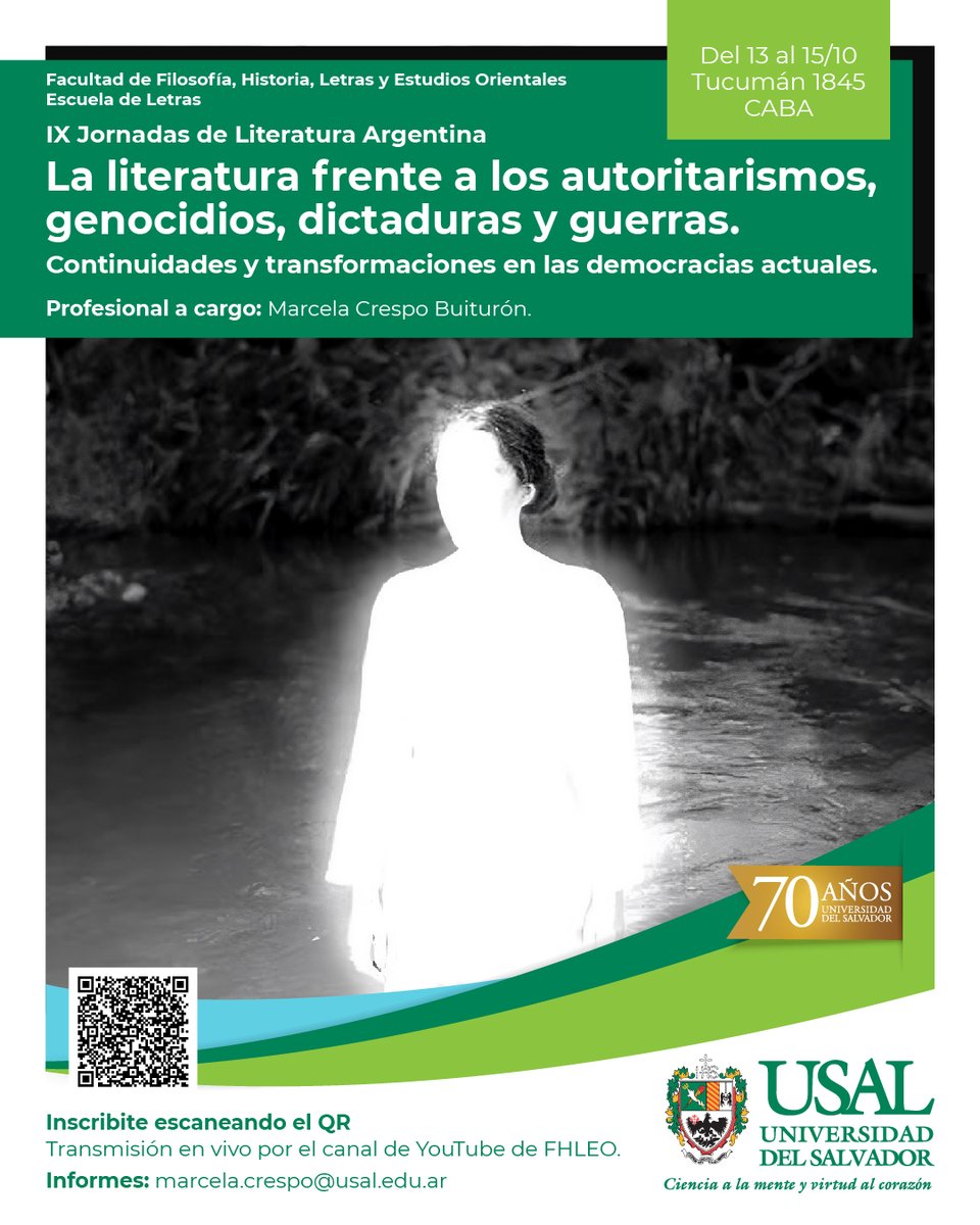 USAL_FLEO's tweet photo. La Escuela de Letras de FHLEO–USAL realizará las IX Jornadas de Literatura Argentina: “La literatura frente a los autoritarismos, genocidios, dictaduras y guerras. Continuidades y transformaciones en las democracias actuales”. Del 13 al 15/10, en Tucumán 1845 (CABA). #USAL #FHLEO https://t.co/jrYZLH0OvU