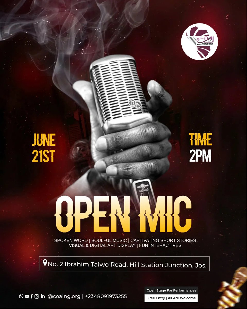 COALNG's tweet photo. The COAL Open Mic is back.
Join us on Sunday June 21st for an unforgettable experience.
Performers, Creatives, Art lovers, If you want to be part of it, Signup here 
https://t.co/BR6UL8bmyf 

#coalng #OpenMic #creatives #jos https://t.co/Sidjh5YDfS