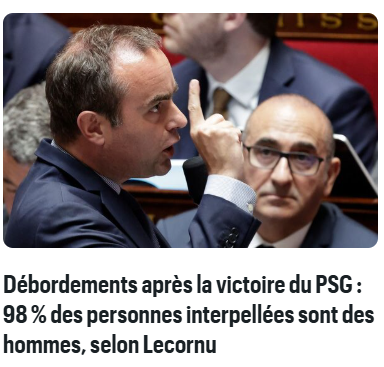 Briruc's tweet photo. Les statistiques de Lecornu pour ne pas froisser le régime algérien suite aux débordements après la victoire du PSG : "98 % des personnes interpellées sont des hommes." Suivez mon regard... https://t.co/fGfEq7YOCA