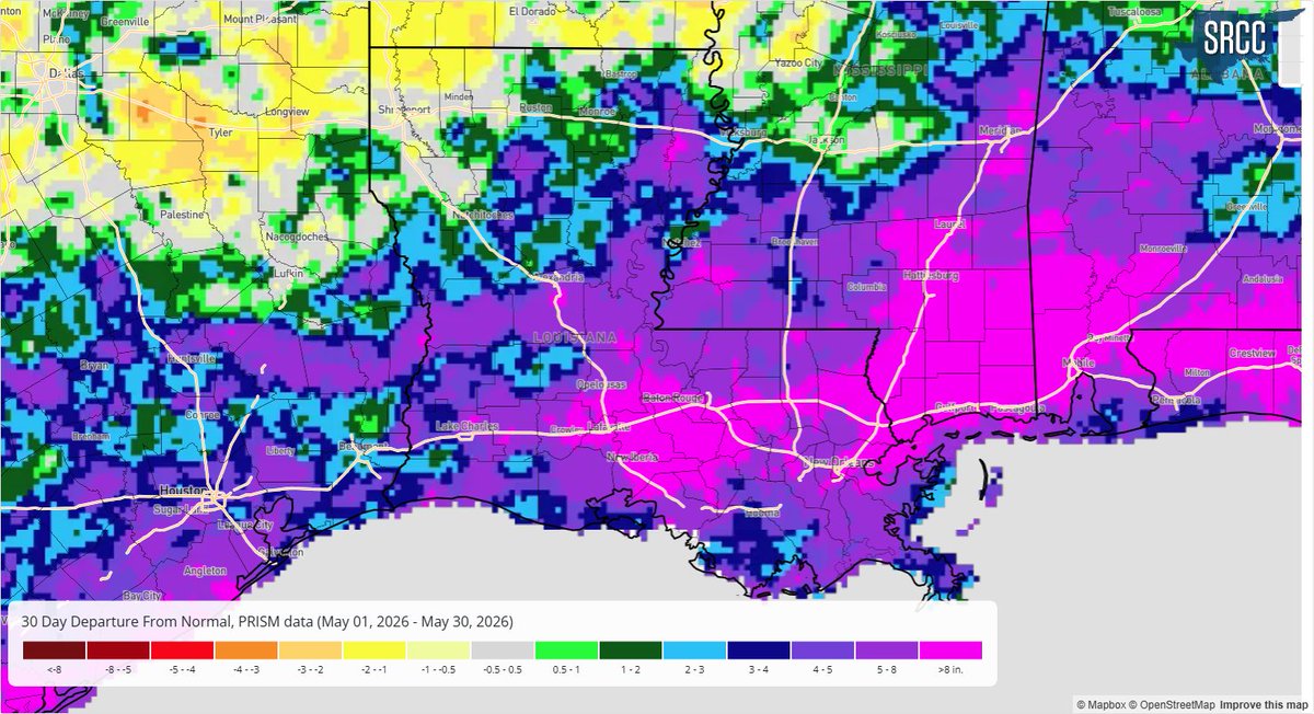 LaStateClimate's tweet photo. May was certainly a wet month across most of Louisiana.  Many areas in southern Louisiana received over a foot of rain, which was 8.00"+ above 30-day normals.  Only portions of northwestern Louisiana received rain amounts below 30-day normals. https://t.co/KFEpU8eZ2d
