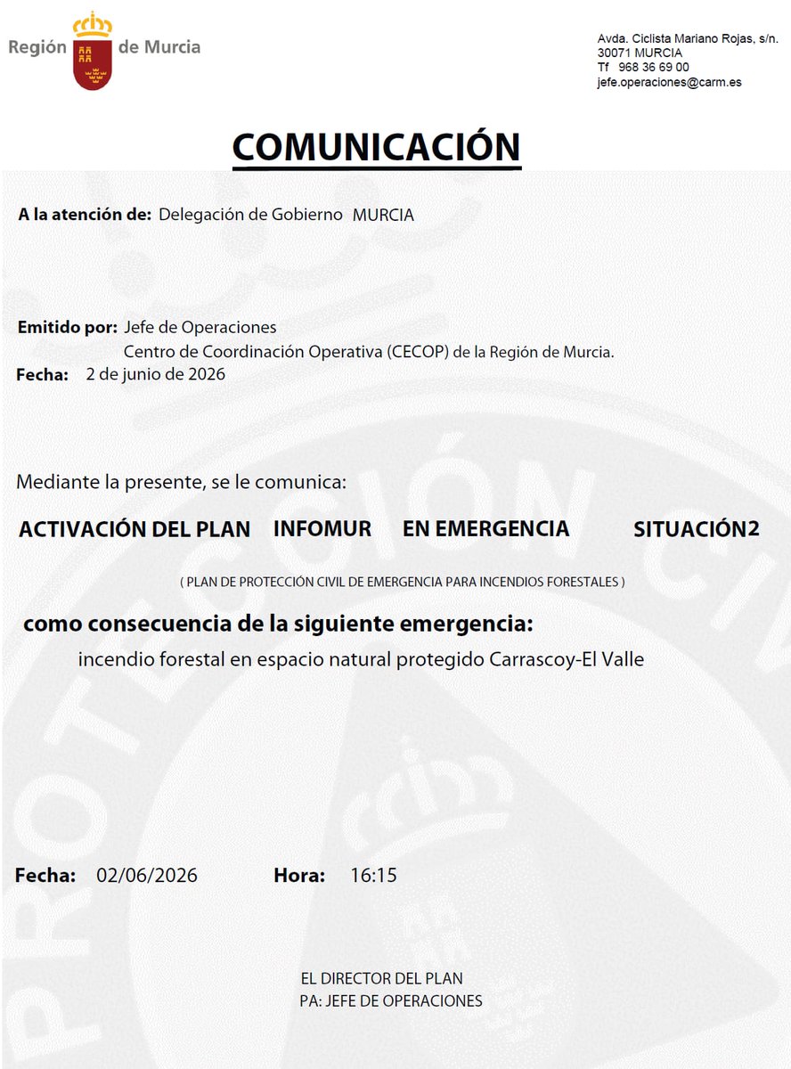 112rmurcia's tweet photo. 📢 Se activa el Plan Infomur en Emergencia SITUACIÓN 2 como consecuencia del incendio forestal originado en #LosGarresyLages (Murcia).

 📰https://t.co/zRrUHGeKwh https://t.co/oDT0q3y09V