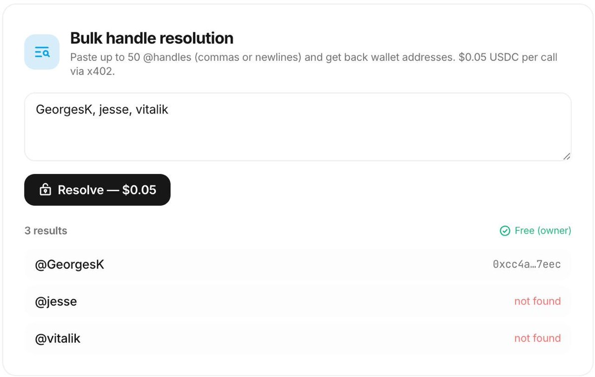 UsdpBase's tweet photo. The bulk handle resolution endpoint on BASEUSDP now has a UI.

Previously API-only, usable by AI agents but invisible to humans. The Analytics tab now lets anyone paste up to 50 @handles, sign once, and get every wallet address back for $0.05 USDC via x402. https://t.co/XMKUQvpzfB