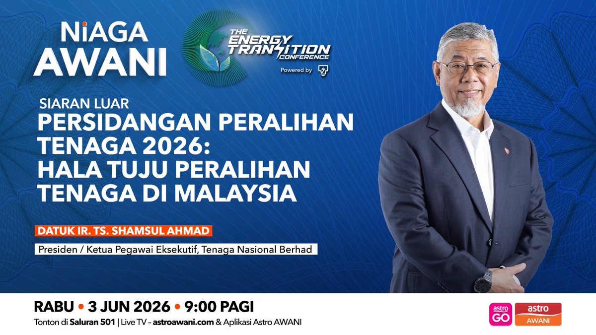 501Awani's tweet photo. Persidangan Peralihan Tenaga 2026 menjadi antara platform terbesar dan berimpak tinggi dalam membahaskan agenda peralihan tenaga di Malaysia serta rantau ASEAN. Apa peranan TNB sebagai peneraju sektor tenaga negara dan serantau? Kupasan dalam #NiagaAWANI

#EnergyforAI #AIforEnergy #ETforPeople #ETCon26 #EnergyTransition #BetterBrighter