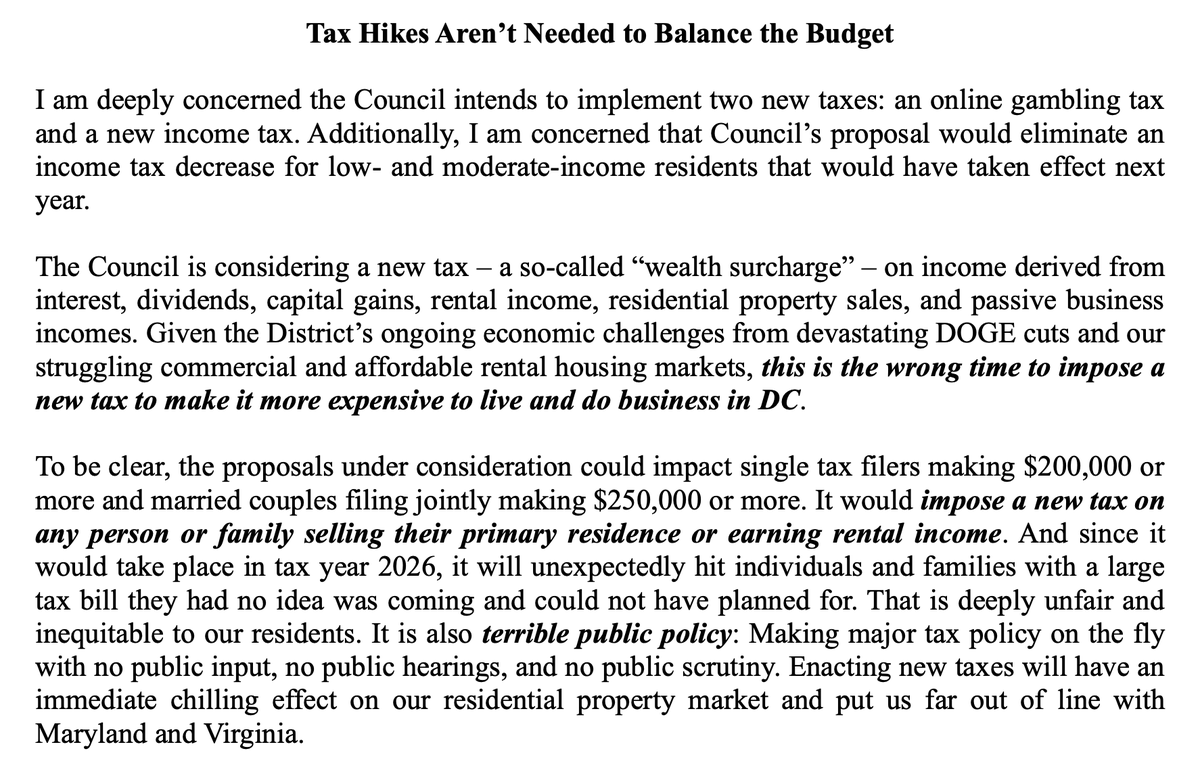 maustermuhle's tweet photo. Now, @MayorBowser is pushing back against any proposed tax increases, and Mendelson himself says he wants to see them as a last resort. In a letter to the council today Bowser slammed "making major tax policy on the fly with no public input." https://t.co/9E1NLXKgIG