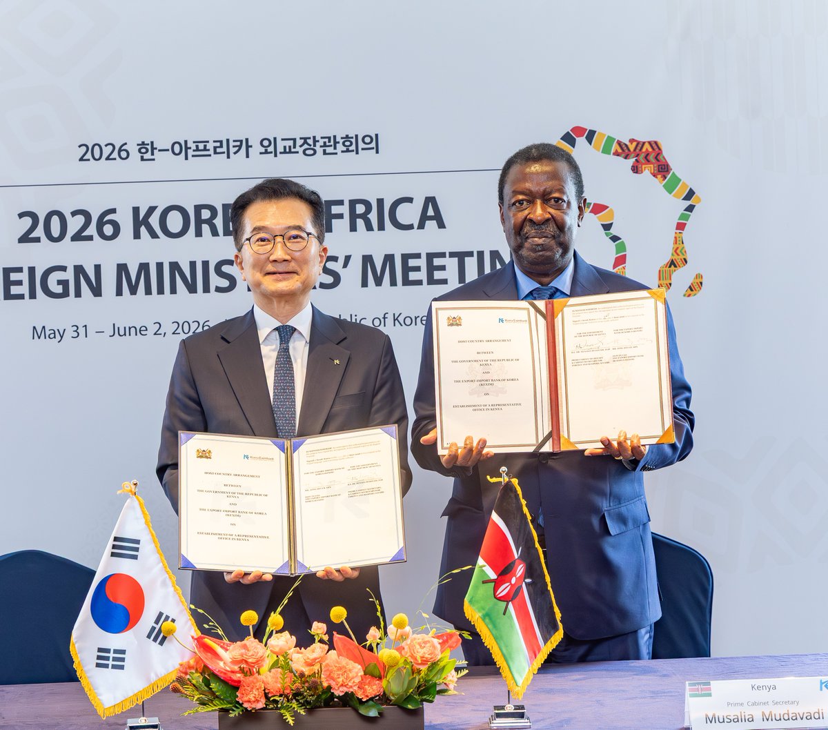 MusaliaMudavadi's tweet photo. Together with Mr. Jong Hyuck Ahn, Deputy CEO of the Export-Import Bank of Korea (KEXIM), we officially signed the Host Country Arrangement establishing a KEXIM Representative Office in Kenya.

The new office, which will serve as a liaison office for KEXIM Headquarters in the Republic of Korea, marks an important step in deepening Kenya–Korea economic and development cooperation, particularly in infrastructure financing, investment facilitation and project development across the region.

Through its presence in Nairobi, KEXIM will strengthen partnerships with governments, institutions and businesses while supporting strategic development projects through financial and technical assistance.

During our discussions, I highlighted Kenya’s position as a regional economic, diplomatic and technology hub, and encouraged KEXIM to leverage its Nairobi office to attract more Korean investors and expand private sector confidence in the Kenyan market.

The establishment of the office is expected to unlock greater trade and investment opportunities, support skills and knowledge transfer, create jobs and further position Kenya as a gateway for international cooperation and sustainable development in the region.