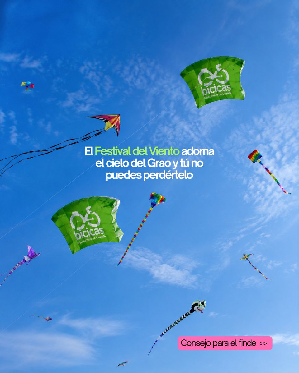 bicicas's tweet photo. Este fin de semana 🚲🌊pedalea hasta el #Grao, disfruta del paseo sin prisas y prepárate para pasar el día bajo un cielo lleno de color 🎏

Cometas gigantes,  ambiente de playa y un plan perfecto para disfrutar en familia o con amigos ☀️💚
.
#Bicicas #Castellón https://t.co/rJuFGKpak9