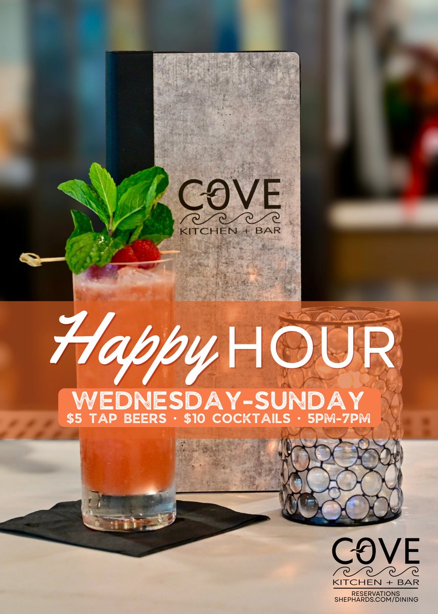 ShephardsResort's tweet photo. Happy Hour kicks off Wednesday–Sunday from 5–7 PM with a signature cocktail menu, craft beers, and a top-notch wine 🍷 selection. Enjoy inside or waterfront patio seating with beautiful Gulf views! ☀️🌴🌊

Breakfast with Gulf views, weekend brunch, or sunset dinner 🌅 — Make a reservation here: https://t.co/5SZBp4aXI4

📅 Upcoming COVE Events
▫️ Father’s Day · Sunday June 21st

Walk-ins are welcome! Receive validated parking when you dine at COVE — we’re open to the public.

#clearwaterbeach #tampabay #waterfrontrestaurant
