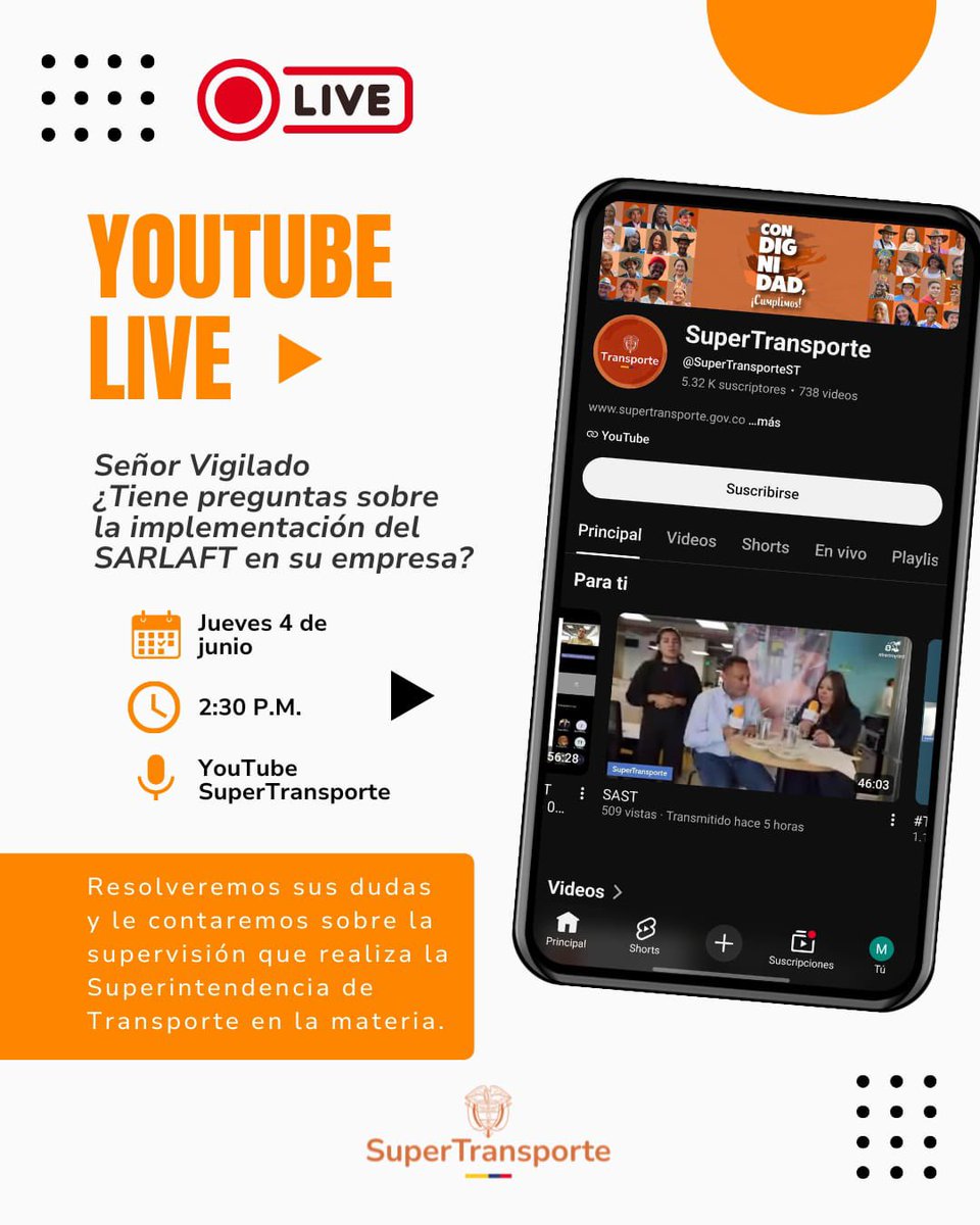 Supertransporte's tweet photo. Los invitamos a nuestro YouTube Live este jueves 4 de junio a las 2:30 p. m., donde estaremos resolviendo todas sus dudas sobre la implementación del SARLAFT en su empresa.

 Clic aquí para conectarse https://t.co/kGaLemcrW0 https://t.co/Lex8poE2pw
