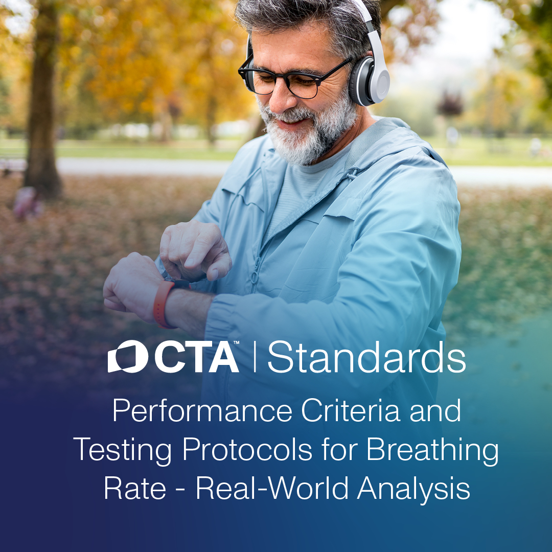 CTATech's tweet photo. How do you know your wearable's breathing rate reading holds up?

CTA-2102.1 gives the consumer health tech industry consistent performance criteria and testing protocols for measuring breathing rate — in controlled and real-world settings — so devices can be evaluated and compared. https://t.co/J7DWVonspw